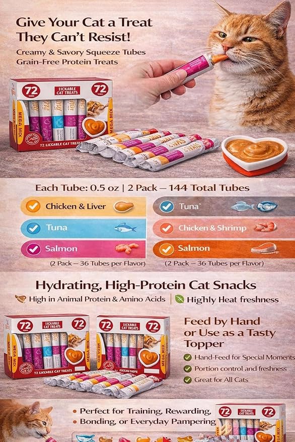 Lickable Cat Treats Squeeze Tubes 144 Pack | Grain-Free High-Protein Creamy Snacks | Chicken Tuna Salmon Beef Variety | All Life Stages Cats & Kittens
