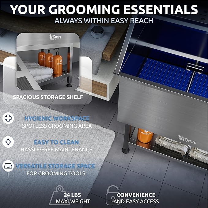 KANIS Professional Dog Washing Station 304 Stainless Steel Pet Wash Sink & Grooming Bathtub w/Shower, Floor Grates and Storage for Large, Medium & Small Pets (Silver, 61 Inches, Right Ramp, Shelf)