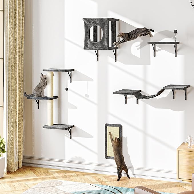 NUNU LAB Cat Wall Shelves, 10-in-1 Wall-Mounted Cat Furniture Set, Large Cat Climber Set with House, Bridge, Steps, Scratcher, DIY Playground, Shelves for Indoor Wall Furniture Set - Grey