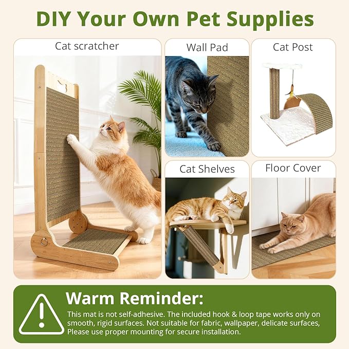 Natural Cork Cat Scratcher Mat with NO Preapplied Adhensive, Bonus Hook-Loop Tape Included. Replacement for Cat Post, Scratcher, Ramp, Cat Whell and Pet Supplies. (Catnip Green, 39.4 x 11.8 Inch)