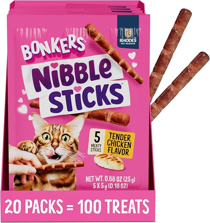 Bonkers Nibble Sticks Soft & Meaty Tender Chicken Flavor Cat Treats, 5 Sticks (Pack of 20)