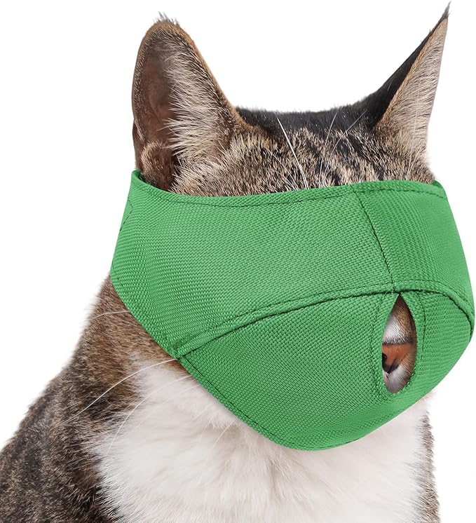 BARKLESS Cat Calming Muzzle for Grooming & Nail Trimming, Oxford Muzzle with Shading Design to Help Calm the Cat Down, Soft Head Cover to Prevent Biting & Scratching (Green, S)