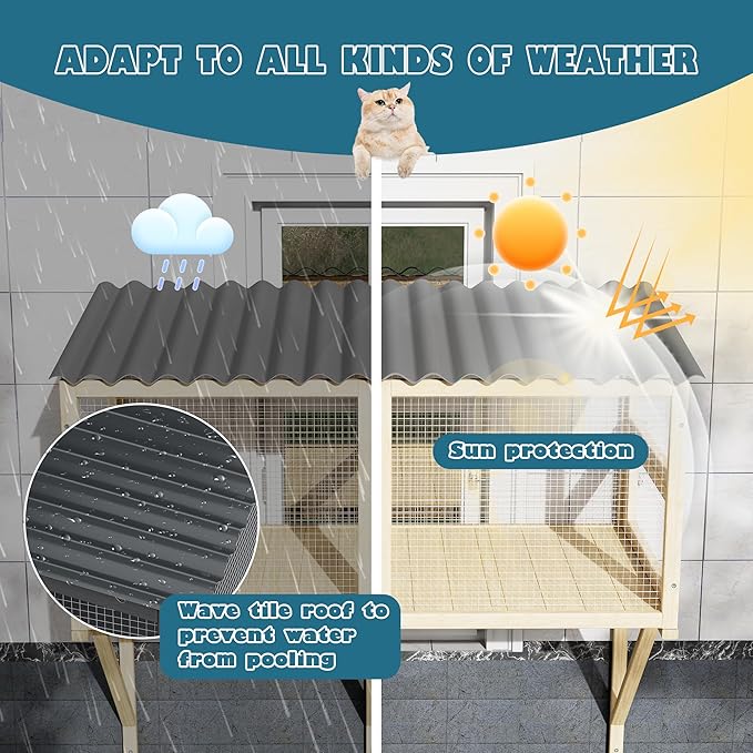 Cat Catio, Cat Window Box for Multiple Indoor Cats, Catio Pet Perch with Metal Mesh Locking Side Door, Wooden Enclosure Window All Weather Use 360° Enjoying Outdoors (Original Wood, Large)