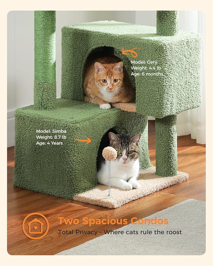45-Inch Green Cat Tree with 2 Condos for Indoor Cats,Cat Tower with Scratching Posts for Small Cats,Cactus Cat Tree Tower with Hammock and Cat Toys