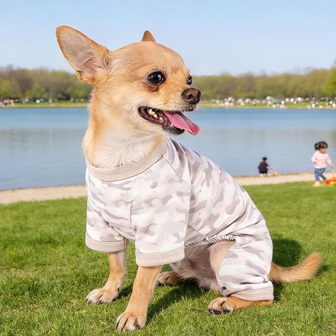 Dog Summer Pajamas Onesie Soft Breathable Puppy Jumpsuit Lightweight Dog Clothes for Small Medium Dogs Cat Pet Clothes(Khaki, Small)