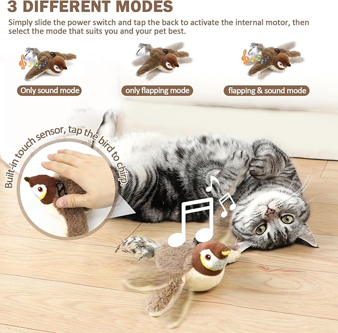 Tocirelo Cat Toy Flapping Bird (No Flying) - Simulate Chirping Flappy Bird, Interactive Cat Toys for Bored Indoor Adult Cats, Rechargeable Realistic Catnip Kicker Toy with Flapping Wings for Kitten