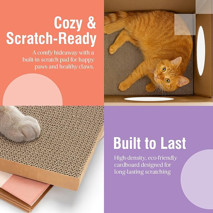 Cardboard Cat House with Scratch Pad – Durable Eco-Friendly Hideaway, Easy Assembly, Stylish Matcha Checkered Design, Indoor Cat Furniture