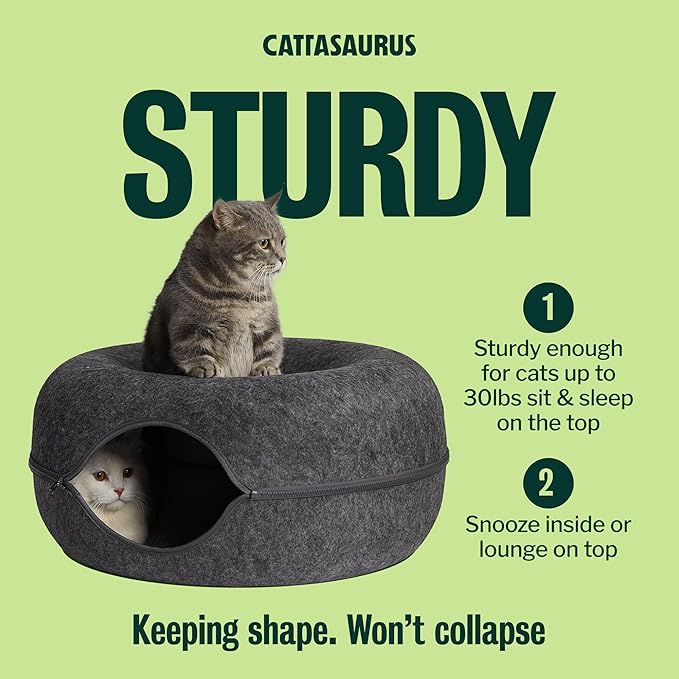 Cattasaurus Peekaboo Cat Cave for Multiple & Large Cats Up to 30-45 Lbs, Scratch Detachable & Washable Tunnel Bed, Comfy Donut Cat Cave (Dark Gray, Large)