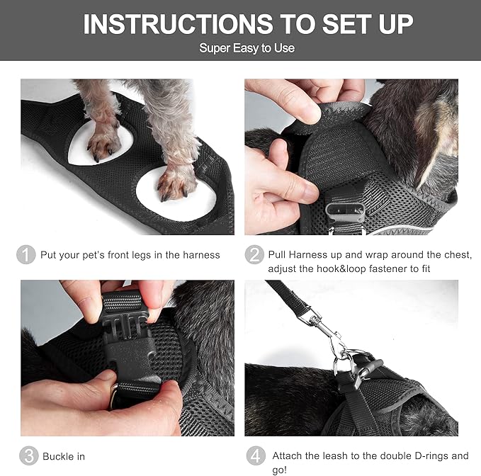 Fida Comfy Dog Harness with Leash, Soft Puppy Vest Escape Proof, Breathable Lightweight Soft Mesh, Adjustable Reflective Step-in Harness for Small Pet Walking (S, Black)