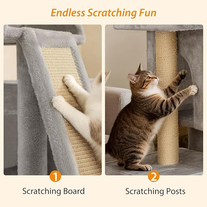 27 inch Small Cat Tree,Komicoll Multi-Level Cat Tower with Sisal Scratching Posts,2 Comfy Condos,Large Plush Top Perch Ideal for Indoor Cats and Kittens (Grey)