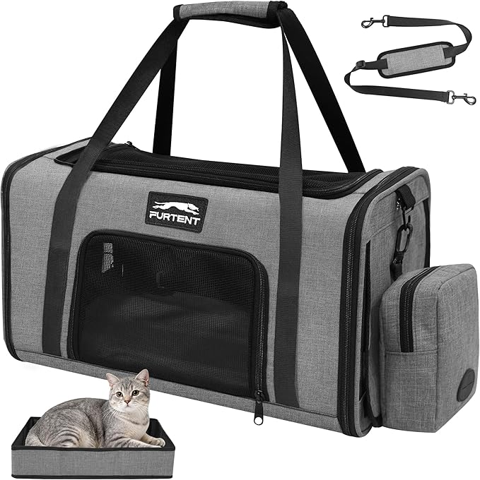 Soft Sided Cat Carrier Airline Approved up to 15lbs, 17x11x9.5 Inch Ventilated Pet Travel Bag with Foldable Litter Box & Storage, Portable Cat Transport Carrier for Flights Car Vet Gray