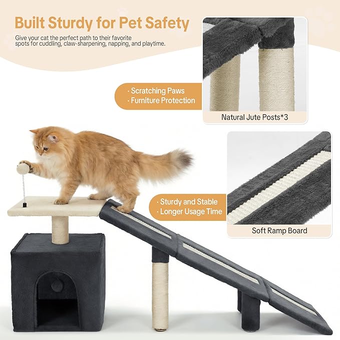 HOMBYS Cat Ramp for Bed, Gentle Slope Bed Access Ramp with Fun Spring Ball Toy & Sisal Scratching Posts, Soft Pet Ramp for Elderly Cats, Joint-Friendly Alternative to Cat Stairs
