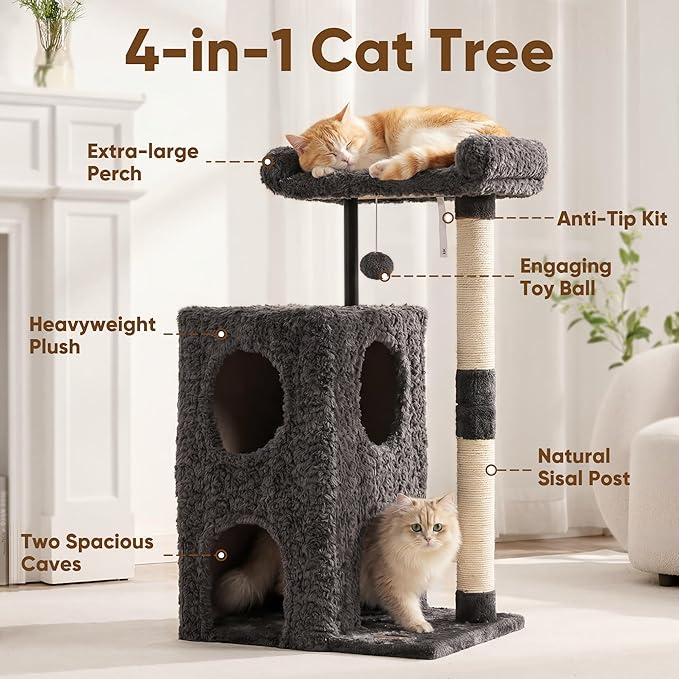 FUKUMARU Cat Tree, 36.2in Luxury Plush Cat Tower with Two Caves, Multi-Level Cat Condo with Sisal Scratching Post, Adult Cat Tree Towers for Indoor Cats with Top Perch, Medium Heavy Duty Kitten House