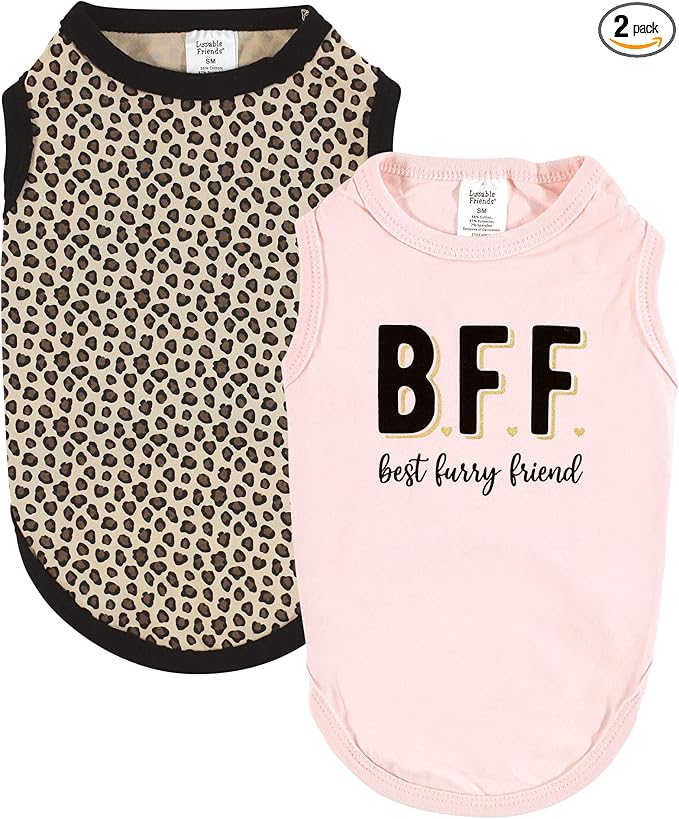 Luvable Friends Dog Pet Dog and Cats Cotton T-Shirts 2pk, BFF Leopard, Large