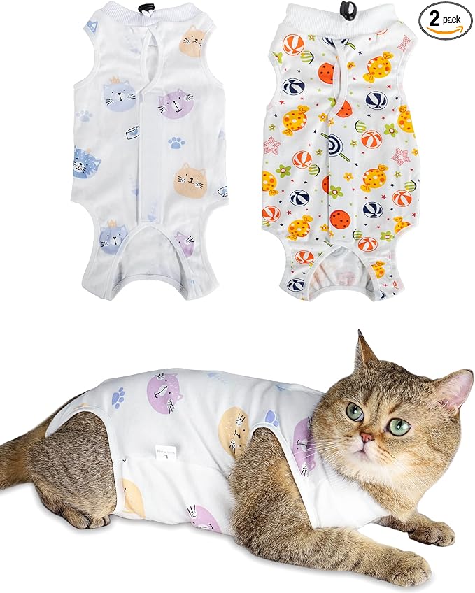 ANWA 2 Pack Cat Recovery Suit - Breathable Cat Onesie for Cats After Surgery Female, Kitten Surgery Recovery Suit Female Abdominal Wounds