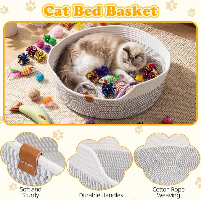 Leitee Sunmmer Cat Bed Storage Basket with 40 Pcs Cat Variety Toys Pack Set Includes Pillows, Spring Toy, Fish, Chew Rope and Balls for Kitten Kitty Swat Hunt Interactive Pet(White,Grey)