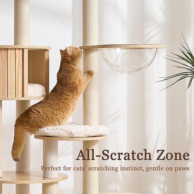 Solid Wood Cat Tree Tower with Scratching Post, 61 inch Multi-Level Cat Towers with Large Soft Cloud-Like Bed, Modern Cat Tower with Wood Spacious Condo with Removable Cushion for Indoor Cats