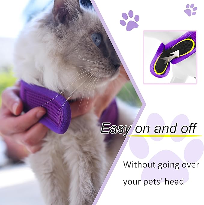 Kitty Harness and Leash for Walking Escape Proof Breathable Mesh Fabric, Purple, X-Small, Adjustable Cat Walking Jackets, Padded Stylish Cat Vest
