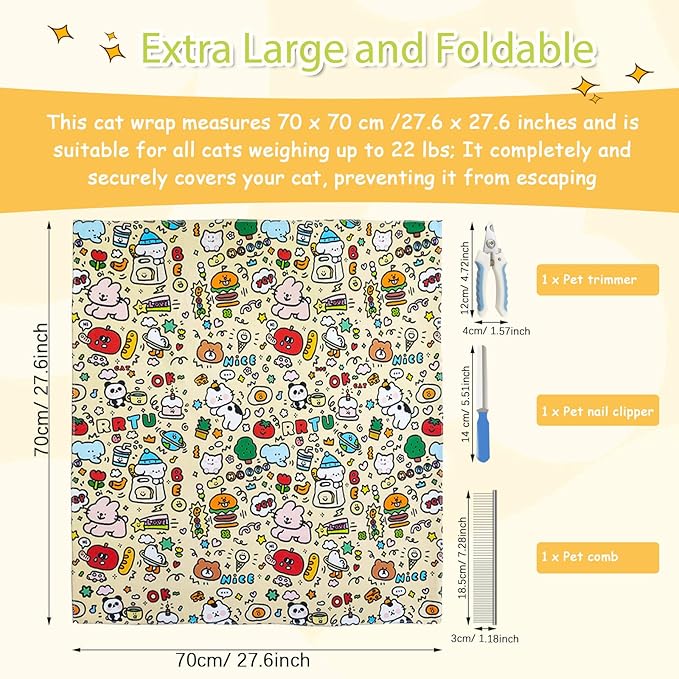 4 Pieces Cat Grooming Wrap with Relaxation Cat Nail Clipper Set 27.6 Inches Cat Wrap Anti-Scratch Cat Swaddle Wrap Anti-Escape Cat Burrito Wrap for Medicine Nail Clipping Teeth Brushing Ear Cleaning