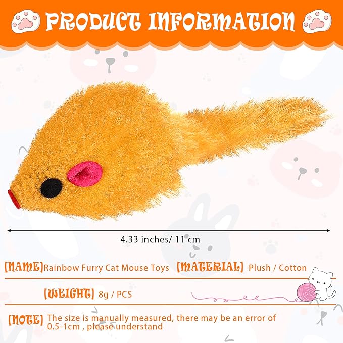 Sosation 120 Pcs Rainbow Furry Cat Mouse Toys Interactive Rattle Cat Toy Mice Small Soft Rustle Sound Kitten Toys for Pets Cat Puppy Kittens Play, Assorted Colors