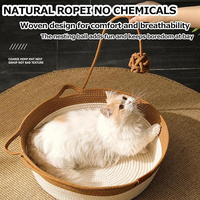 Instinct Basket, Stimulicat Cat Bed, Stimulicat Cat Bed Rope Cotton with Cushion, Eliminates Bed Rejection Round Pet Basket, Boho Catbed for Cats Handwoven Scratchable Breathable Weave (Small)