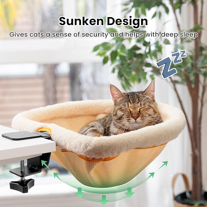 JUNSPOW Cat Desk Bed - One-Click Folding,Sunken Design & Space-Saving Semi-Circular Cat Bed, Soft Faux Rabbit Fur Material, Suitable for Various Desktops-Maximum Hold Up to 40lb