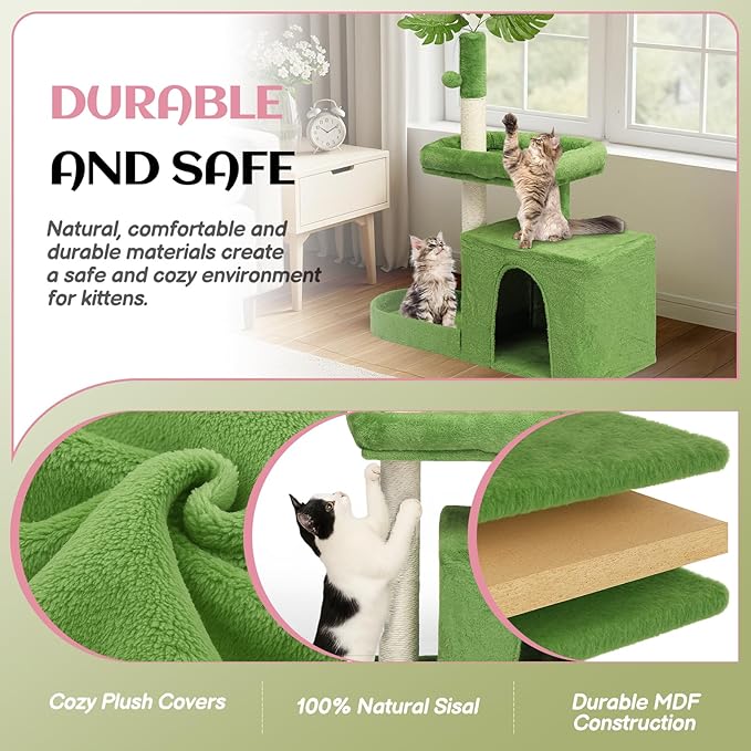 VINGLI Cat Tree, Cat Tower with Leaves, Cat Condo for Indoor Kittens, Cats Activity Center with Cozy Hammock, Sisal Scratching Posts, Green (40" H)