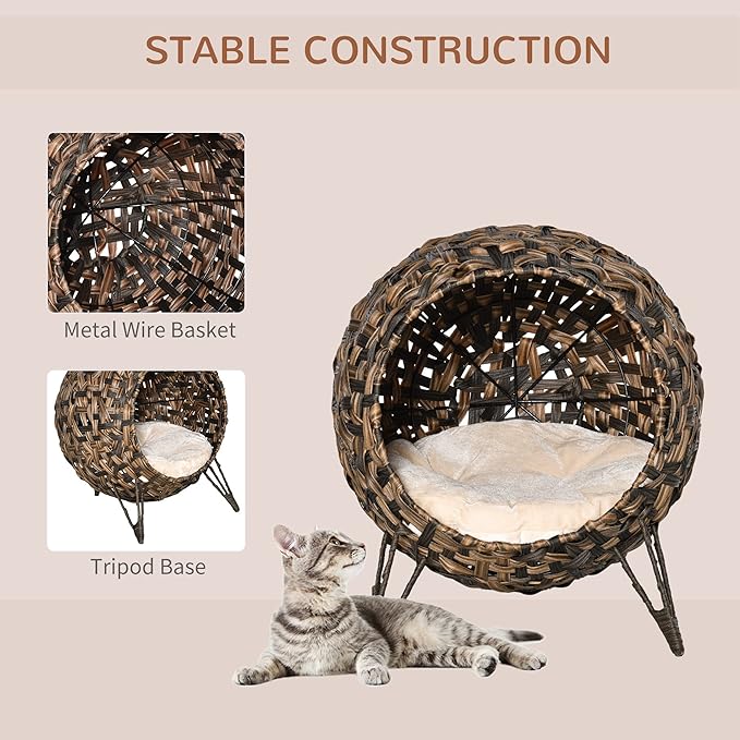 PawHut 20.5" Weaved Cat Bed, Elevated Hand-Woven Braided Banana Leaf Kitten House Condo with Cushion, Brown