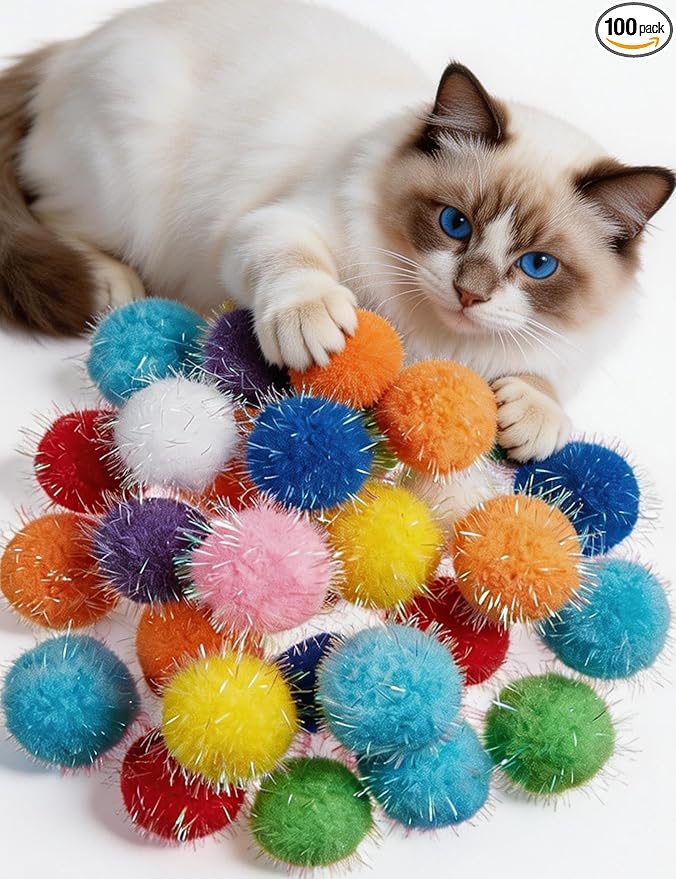 100 Reflective Plush Cat Toys Balls - 10 Assorted Colors (10 Each), Safe Soft for Indoor Kitten & Adult Cats, Fun for Play & Hunting (1.5 in, 100 Balls)
