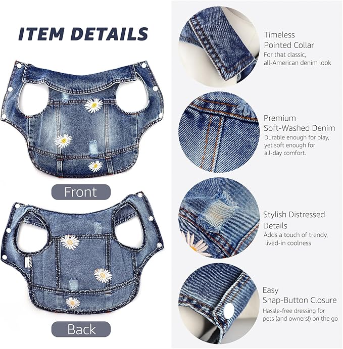 Dog Denim Jacket with Embroidered Daisy, Ripped Vintage Jean Vest for Small Dogs, Pugs, Chihuahuas, Spring Summer Fall Festival Outfit, XXL (Fits Chest 19-20.5", NOT for Large Dogs)