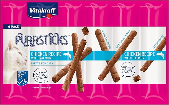 Vitakraft PurrSticks Chicken Recipe with Salmon Cat Treats – Over 70% Real Meat - Chicken, Liver & Salmon - Segmented for Portion Control, Premium - Indoor Treats - Snacking, Travel, Vet & Visits.