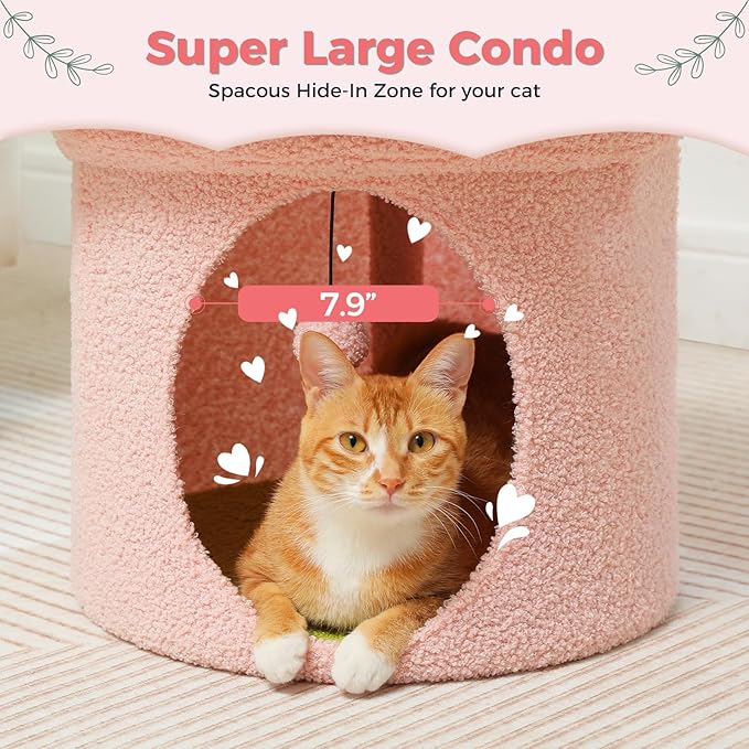 PETEPELA Cat Beds for Indoor Cats, Small Cute Cat Tree House with Removable Flower Cat Bed, Cat Hideaway, Indoor Cat House Condo, Cat Accessories, 20X20X16 Inches, Pink