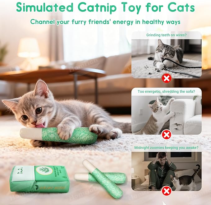 Homrich Catnip Toys for Cats, 3-Pack Funny Cat Chew Toys Filled with 100% Pure Organic Catnip, Safe Kitten Teething Bite & Kicker Toys - Interactive Cat Nip Toys for Indoor Cats Boredom Relief