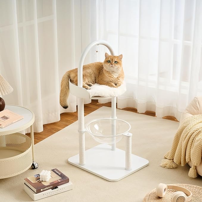 Modern Cat Tree, Wood Cat Tower with Steel Frame, Scratching Posts, Cat Capsule, Plush Mat, Bell Dangling Toy, Aesthetic Minimalist Heavy-Duty Cat Climbing Tree for Large Indoor Adult Cats-White