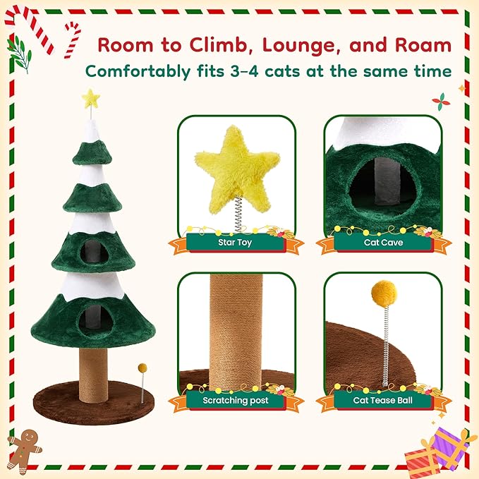 62" Cat Tree, Cat Tower with Heavy Duty Base and Scratching Posts, Multi-Level Plant-Like Cat Furniture, Sisal Cat Scratcher & Cozy Cat Condo, a Holiday Favorite for Indoor Cats,Green