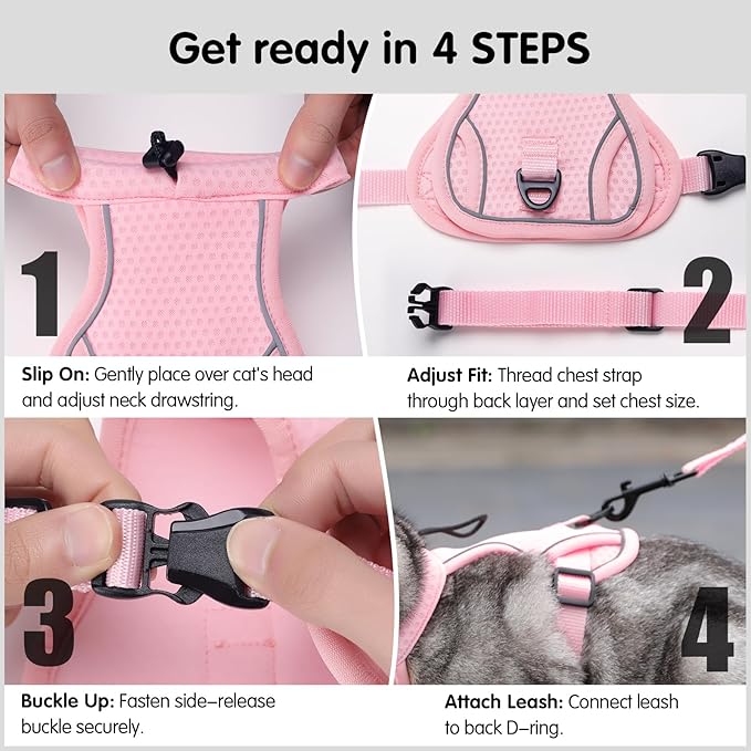 LIANZIMAU Cat Harness and Leash Escape Proof,Adjustable Cat Harness for Outdoor Walks with Reflective Strip, Lightweight and Soft Mesh Vest
