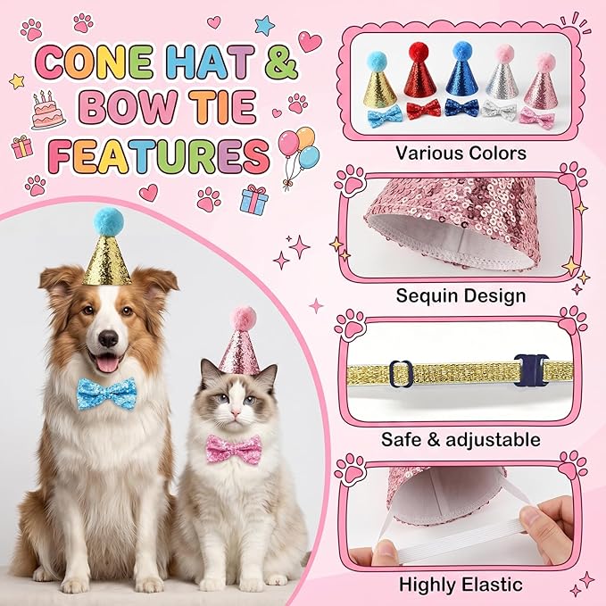 10 Pcs 5 Colors Dog Birthday Hat and Bow Tie Set-Sequin Mini Party Hats for Stuffed Animals, Cats, Puppies, Rabbits - Adjustable Sequin Pet Birthday Hats & Bowties Grooming Costume Accessories