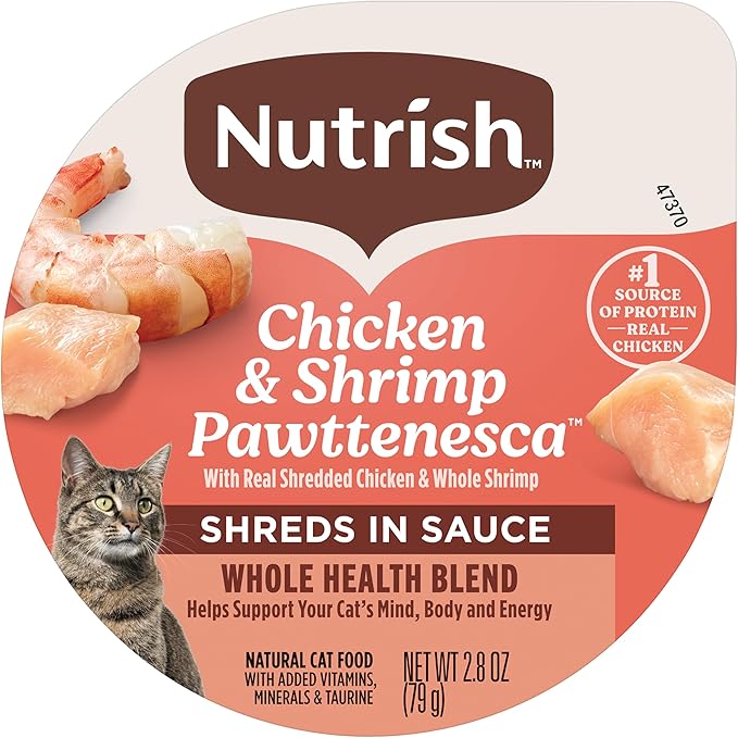Nutrish Grain Free Wet Cat Food Chicken & Shrimp Pawttenesca Whole Health Blend with Real Shredded Chicken & Whole Shrimp in Sauce, 2.8 oz. Cup, Pack of 12 (Rachael Ray)