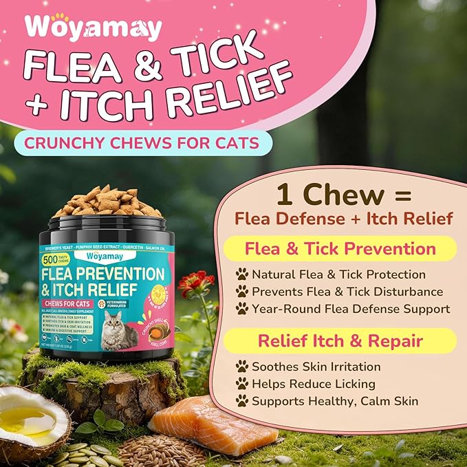 Woyamay Flea Treatment for Cats & Itch Relief Chews, 500 Crunchy Cat Flea Treatment Chews, Cat Itchy Skin Relief, Cat Itching Relief & Skin Care, Flea Prevention for Cats, Chicken Flavor