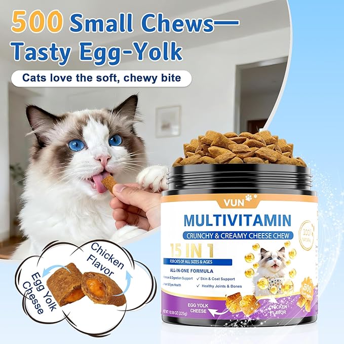 Cat Vitamins Crunchy&Creamy Chews-15 in 1 Cat Multivitamin Treat,Taurine for Cats Immune,Digestive,Skin&Coat,Joint,Heart & Brain with Fish Oil,DL-Methionine,Probiotics of All Breeds Ages,500 Counts