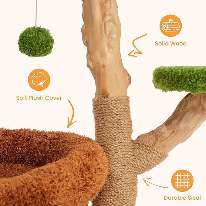 32-Inch Multi-Level Cat Tree Tower, Natural Wood Cat Furniture with Sisal Scratching Posts, Beds & Condo, Cute Cat Tree for Indoor Cats and Multi-Cat Households