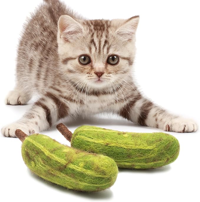 Glaciart One Cat Toy Pickle – 2 Pcs | Soft Fuzzy Enrichment 100% Natural Wool - Interactive Catnip Play Cat Toy Set - Safe for Pets, Non-AZO Colored Dyes