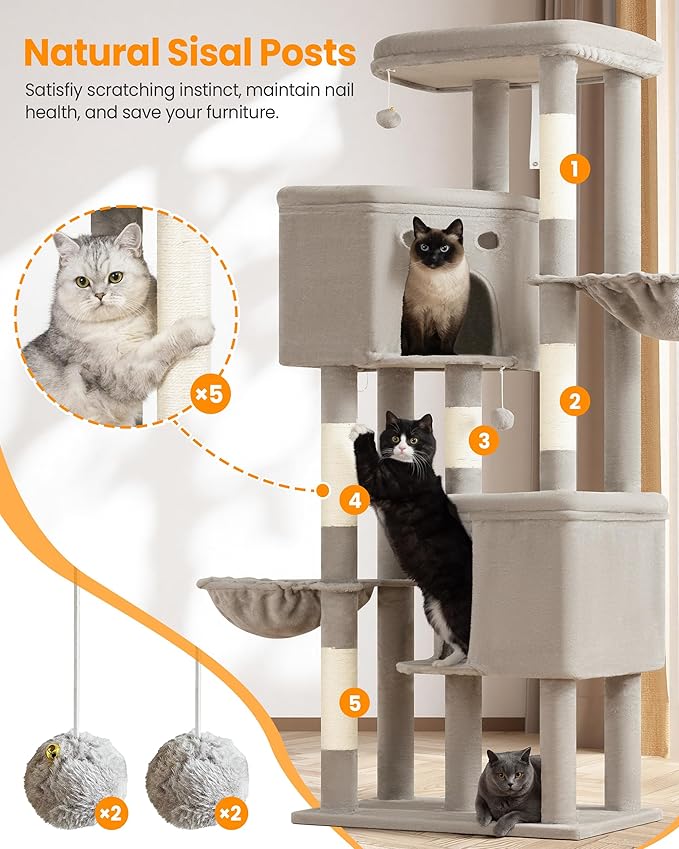 Extra Large Cat Tree, 84 Inch XXL Giant Cat Tower for Indoor Cats Large Adult 20lb+, Multi-Level Cat Climbing Condo with 5 Scratching Posts, 3 Wide Platform Perches, 2 Baskets, 2 Cat Caves, Light Grey