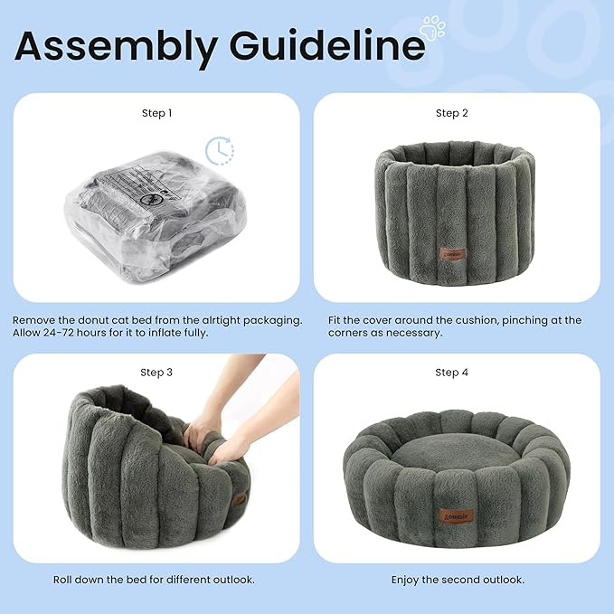 ZOMISIA Cute Cat Beds for Indoor Cats, Striped Small Donut Dog Bed for Puppy and Kitten, Anti-Slip Bottom, Grey