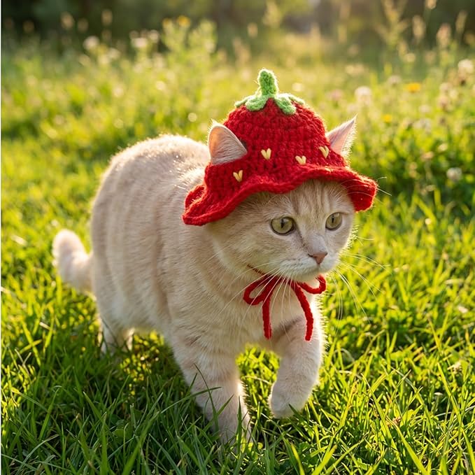 Cat Hats for Cats Only Cute Knit Cat Hat Strawberry Hat with Adjustable Cord Handmade Crochet Cats Clothes Soft Cute Knitted Hats Christmas Party Costume Accessory for Puppy Kitten (Red, Green)