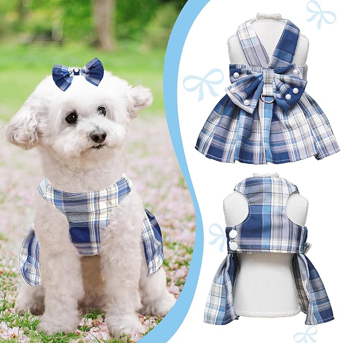 Dog Dress Bowknot Harness Leash Set for Small Dogs Girl Cute Plaid Dog Dress Pearls Bow Tie Spring Summer Princess Clothes Birthday Holiday Doggie Outfits for Puppy Cats Girl Apparel (Blue, Large)