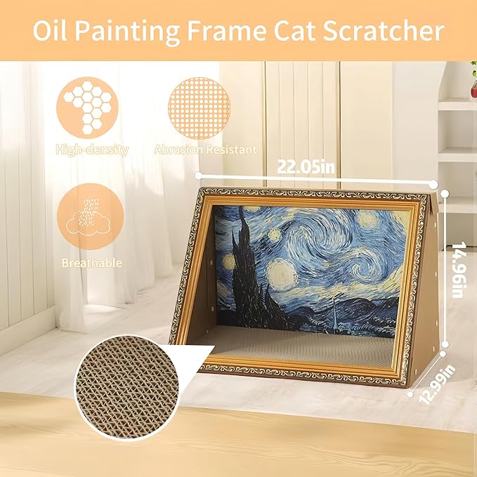 Horizontal Oil Painting Cat Bed & Scratcher - Durable Art Frame with Replaceable Art, Cat House for Indoor Cats Simple-Assembled Bed Couch Cave Condo Home Decoration(Starry Night &Sunflower)