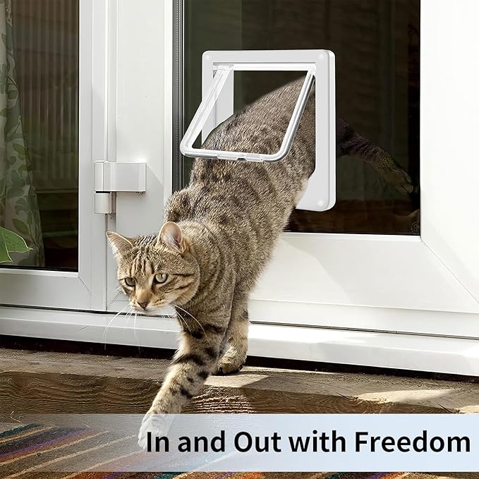Cat Door for Interior Exterior Door (Outer Size 9.8" x 9.3"), 4-Way Locking Flap for Cats & Dogs(Circumference < 23"), Weatherproof Pet Door, White, ABS Material (L)