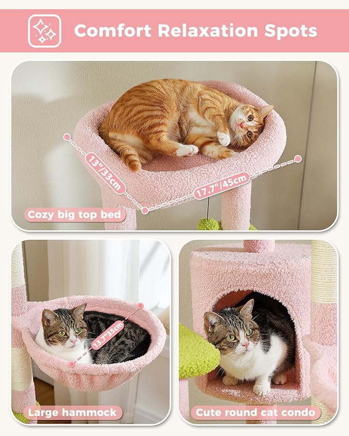 MUTTROS 59" Flower Cat Tree, Tall Cat Tree for Large Cat, Multi-Level Cat Tower, Cute Cat Tree for Indoor Cats, Cat Condo with Large Hammock, Scratching Post, and 2 Perches, Pink