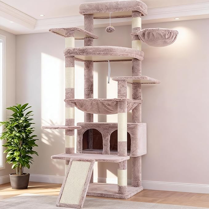 Heybly Tall Cat Tree for Large Cat, 80-inch Multi-Level Cat Tower for Indoor Cats with Large Baseboard, Condo Furniture with 2 Widened Plush Perches,Scratching Board and Big Caves, Muchroom HCT038MU